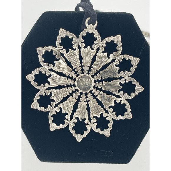 Circle Pendant 3" Silver Tone Pierced Designs Glass Center Black Cord - Picture 7 of 9